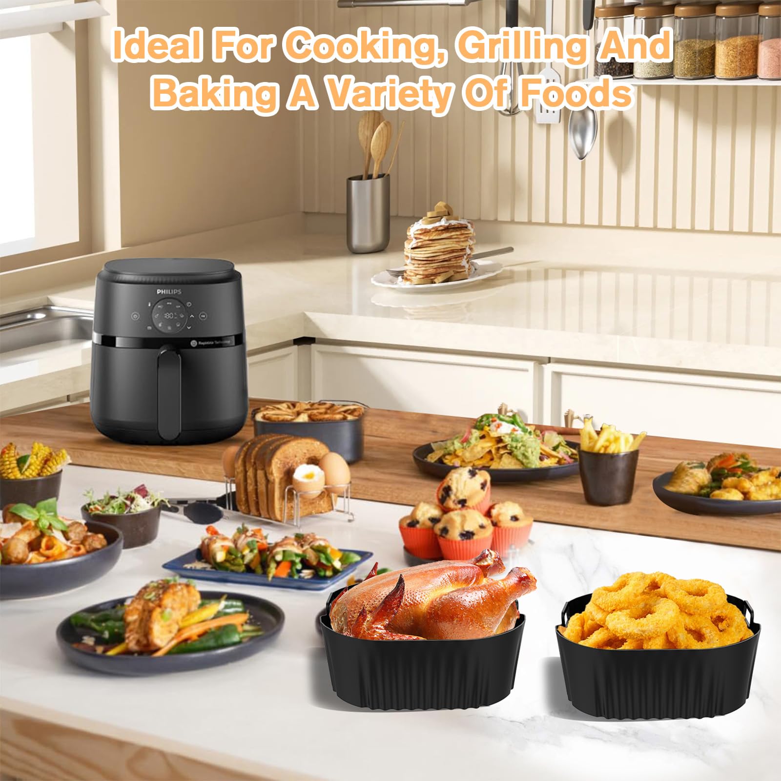 VEGCOO Philips Airfryer 4.2L Silikonform Set für NA229/00 & NA320/00 (4-teilig) - Hitzebeständig 230°C, Spülmaschinenfest, Fritteusenzubehör mit Griff & Antihaft