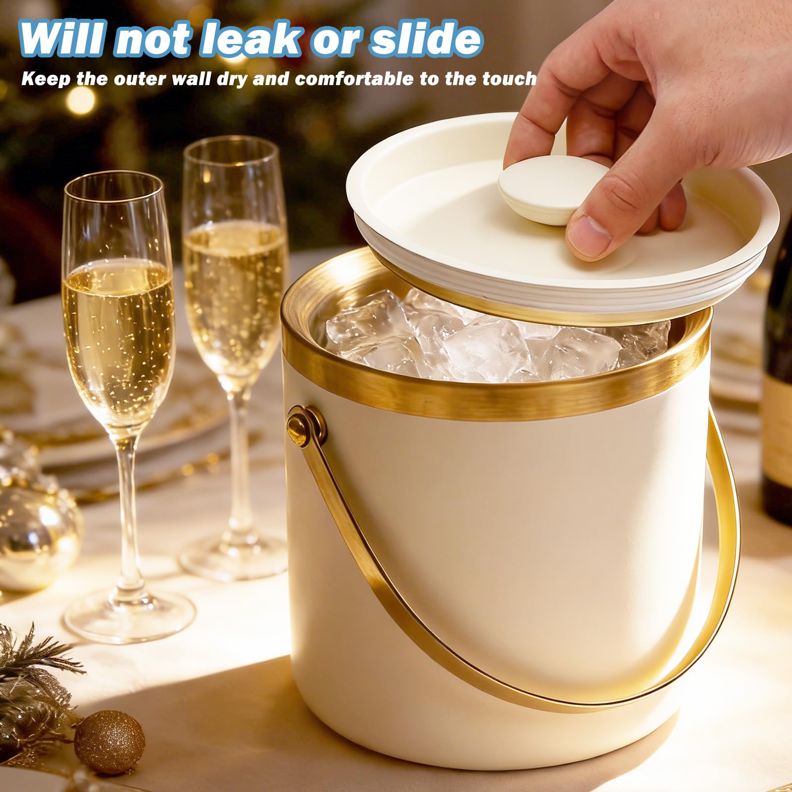 Seau à glaçons en acier inoxydable de 3 l, seau à glace avec couvercle et pelle, double paroi sans BPA, idéal pour refroidir la bière, le champagne et le vin (blanc/doré)