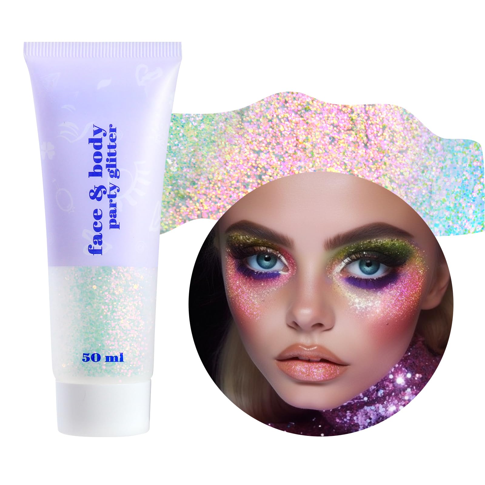 Prreal Body Glitter gel 50ml, Mermaid Sequins Chunky Glitter Liquid Gel kit, Long-Lasting Glitter Sequins Chunky Powder Gel For Festival Masquerade Birthday Makeup