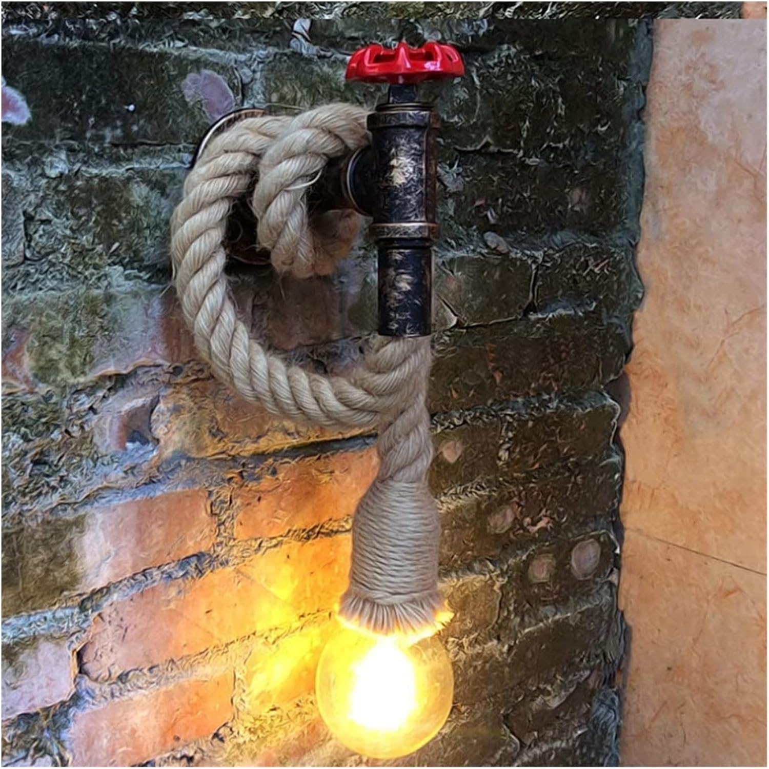 Pipa de agua Cáñamo industrial Barbería Tienda de ropa Escaleras Cuerda Metal rústico Grifo de válvula rojo Lámparas Steampunk de un solo loft