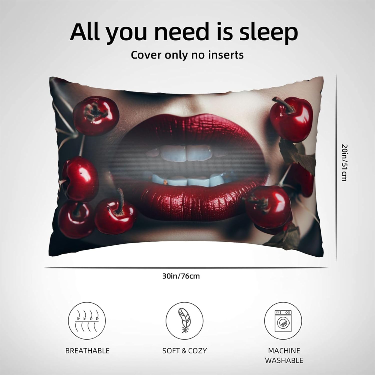 Satin Pillowcase for Hair and Skin, Cherry Lips Girl Pillow Cover Queen Size 20x30 Inch Soft Smooth Breathable Cooling Silky Pillow Cases with Hidden Zipper, Gifts for Women Men
