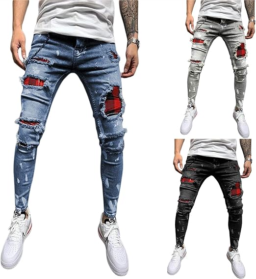 Livingsenburg Pantaloni Jeans Strappati Slim Fit da Uomo Pantaloni Skinny  in Denim Casual a Tinta Unita : Amazon.it: Abbigliamento