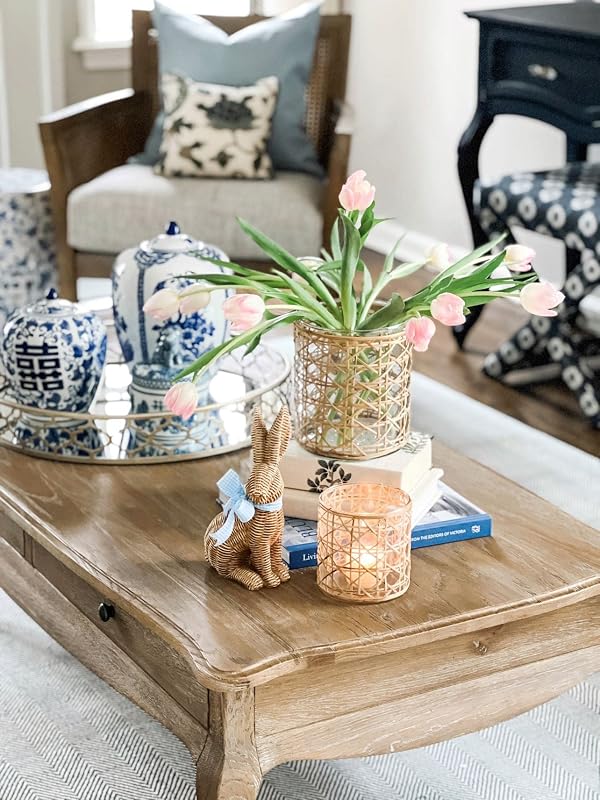 Serene Spaces Living Saigon Cane Wrapped Glass Hurricane Candle Holder, Candle Centerpieces for Tables, Wedding Reception Vases, for Living Room, Fireplace Mantel, Measures 4.75" Tall & 4.5" Diameter by Serene Spaces Living - Image 2