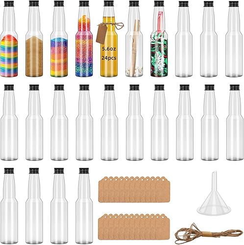 24 botellas vacías de plástico de 5.6 onzas de altura fina con cubierta de sello de metal negro, recipientes para botellas de mensajes de deseos,