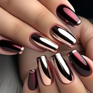 Medium Square Press on Nails Metal Glossy Finish French Fake Nails Burgundy Full Cover Acrylic False Manicure Stick on Artificial Manicure for Women Winter Manicure Decorations