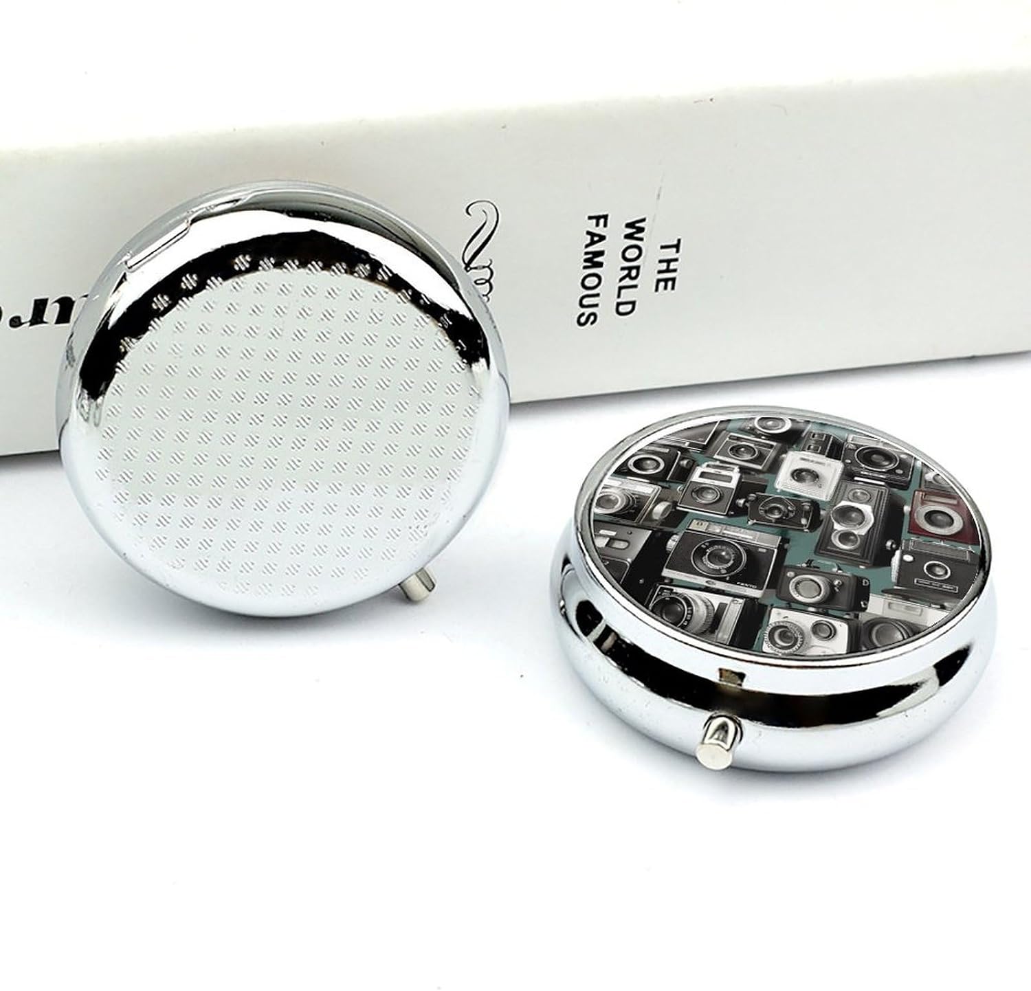 Round Daily Retro Camera Collection Pill Case with 3 Compartment & Mirror image 5