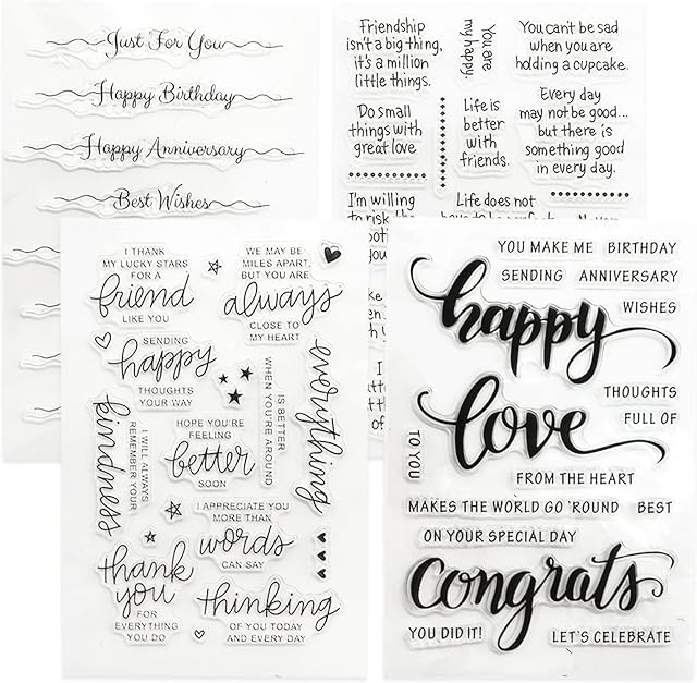 4PCS Words Clear Stamp, Silicone Stamp Cards Greeting Words Pattern for Card Making and DIY Scrapbooking Journaling