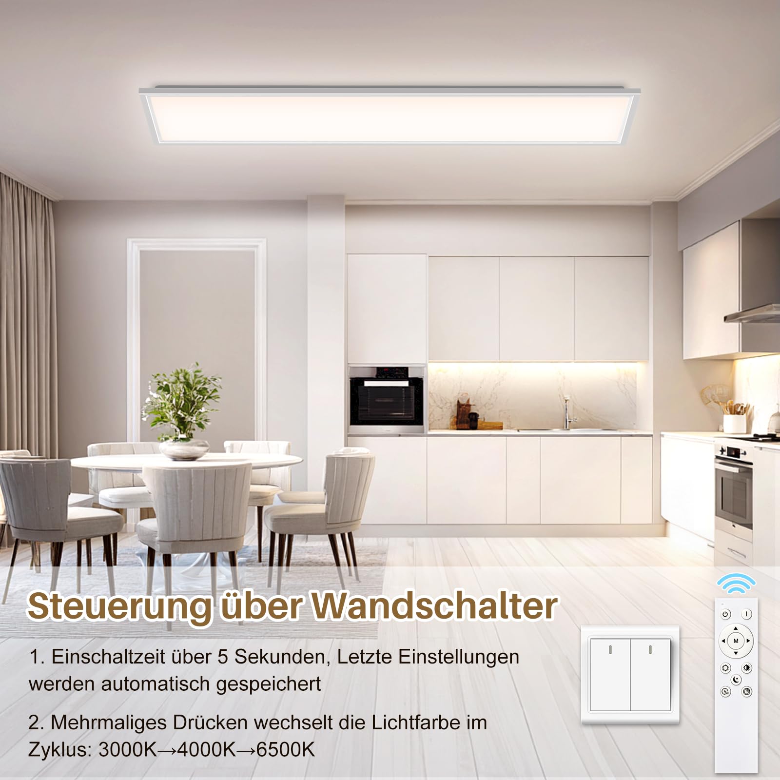 LED Deckenleuchte Dimmbar - LED Panel 120x30cm, 44W 4400LM Deckenlampe mit Fernbedienung 3000K-6500K - Nachtlicht Warm - Deckenleuchte Flach für Schlafzimmer Kinderzimmer Wohnzimme Küchenlampe