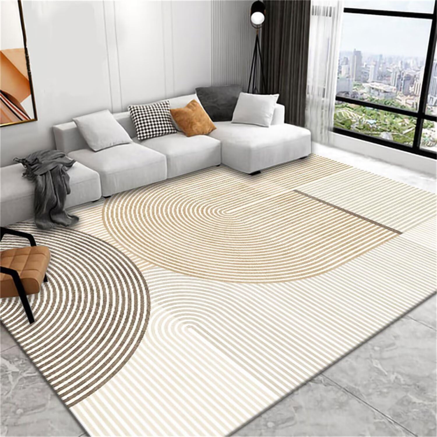 Tapis de salle à manger antidérapant beige haut de gamme au fini rayures