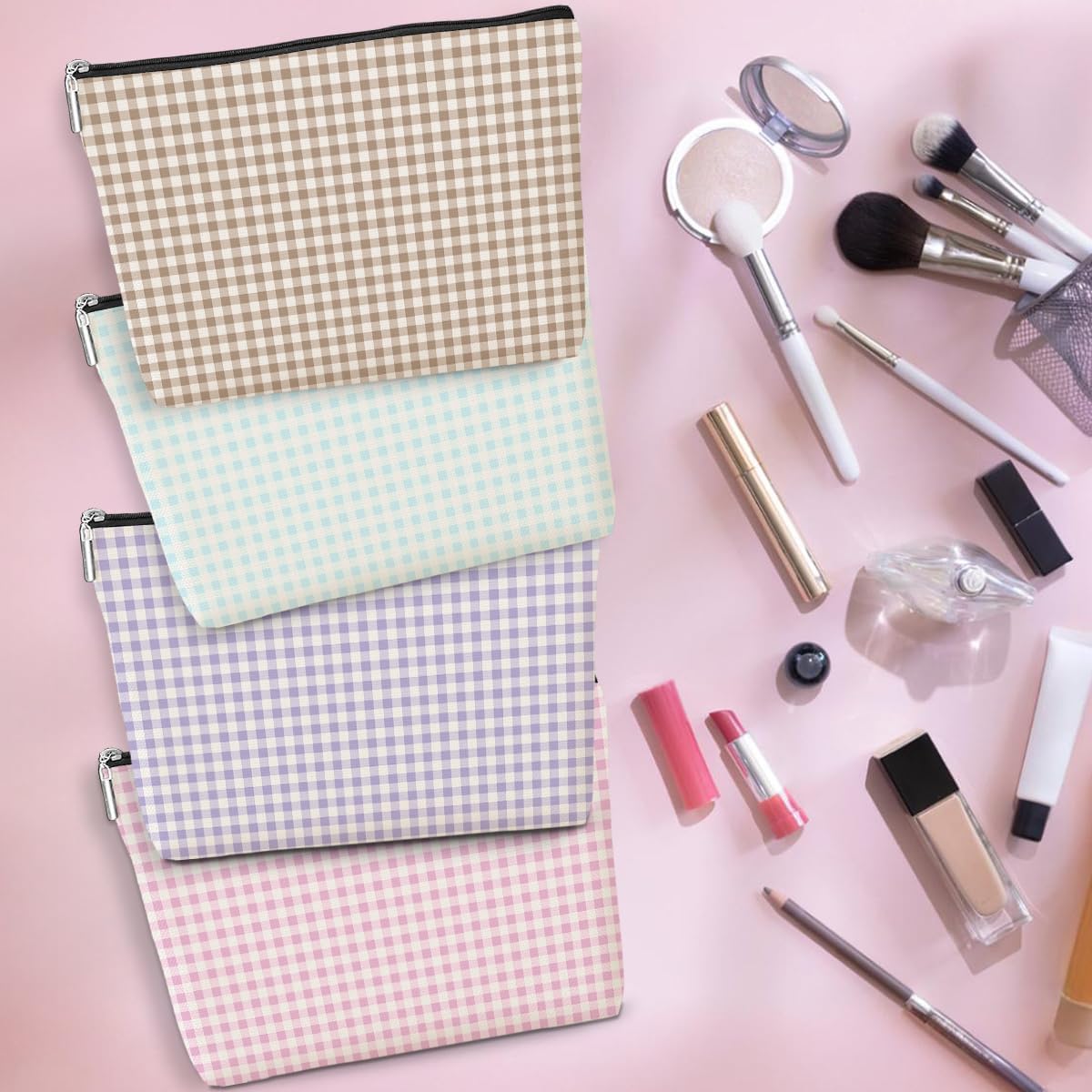 Gingham Makeup Bag,Plaid Checkered Cosmetic Bag,Cute Preppy Travel Toiletry Bags for Women girls Daughter Birthday Christmas Friendship Large Capacity Makeup Organizer with Zipper,4 Colors Available image 4