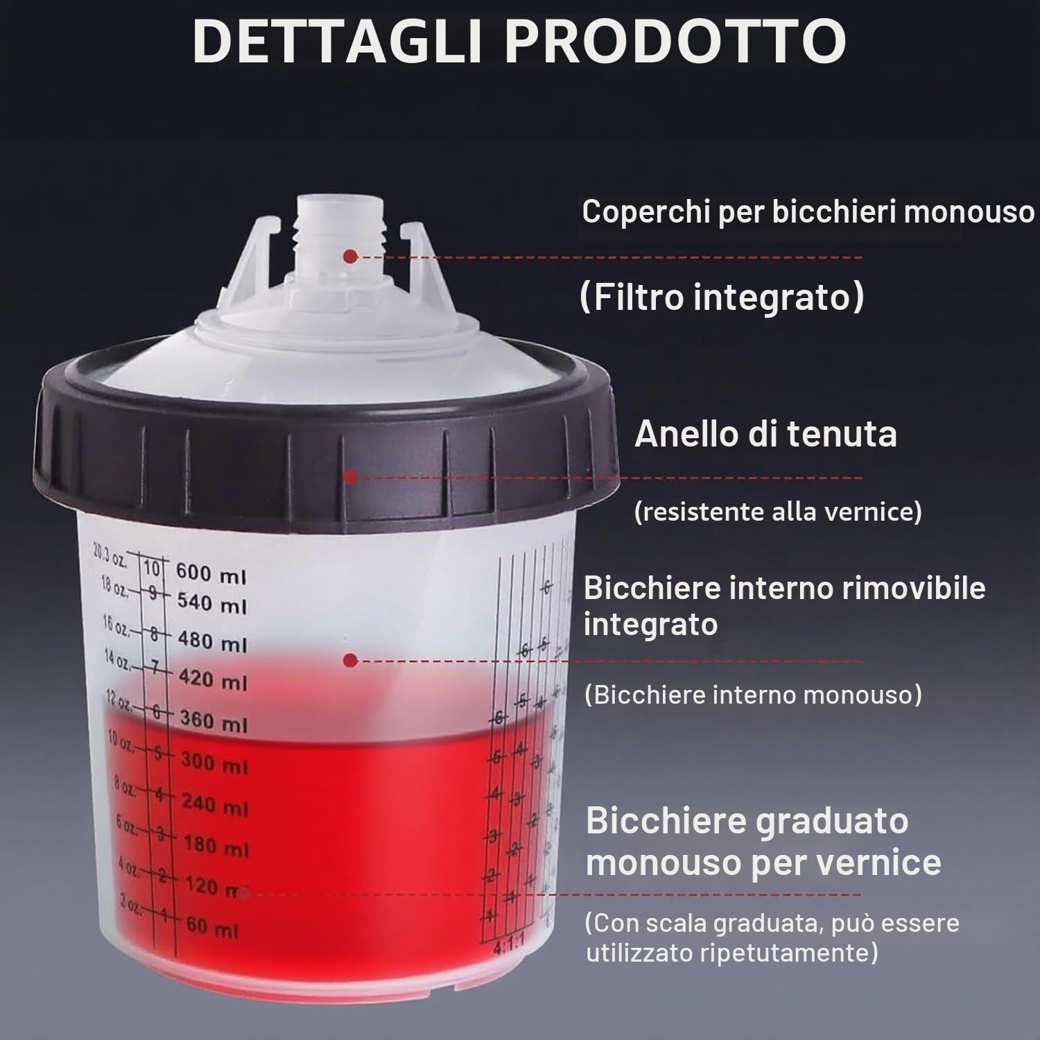 Kit Tazza Paint Mix per Pistola Spruzzo Vernice con 30 Pezzi Tazze per Vernice Monouso + 1 Bastoncino per Mescolare (600ML)