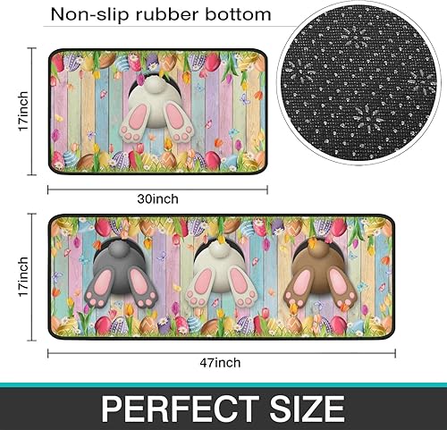Miniatura 3 de Ideasonna Juego de 2 alfombras de cocina de Pascua, decoración de cocina de Pascua, conejito divertido, huevos coloridos, tapetes de cocina para