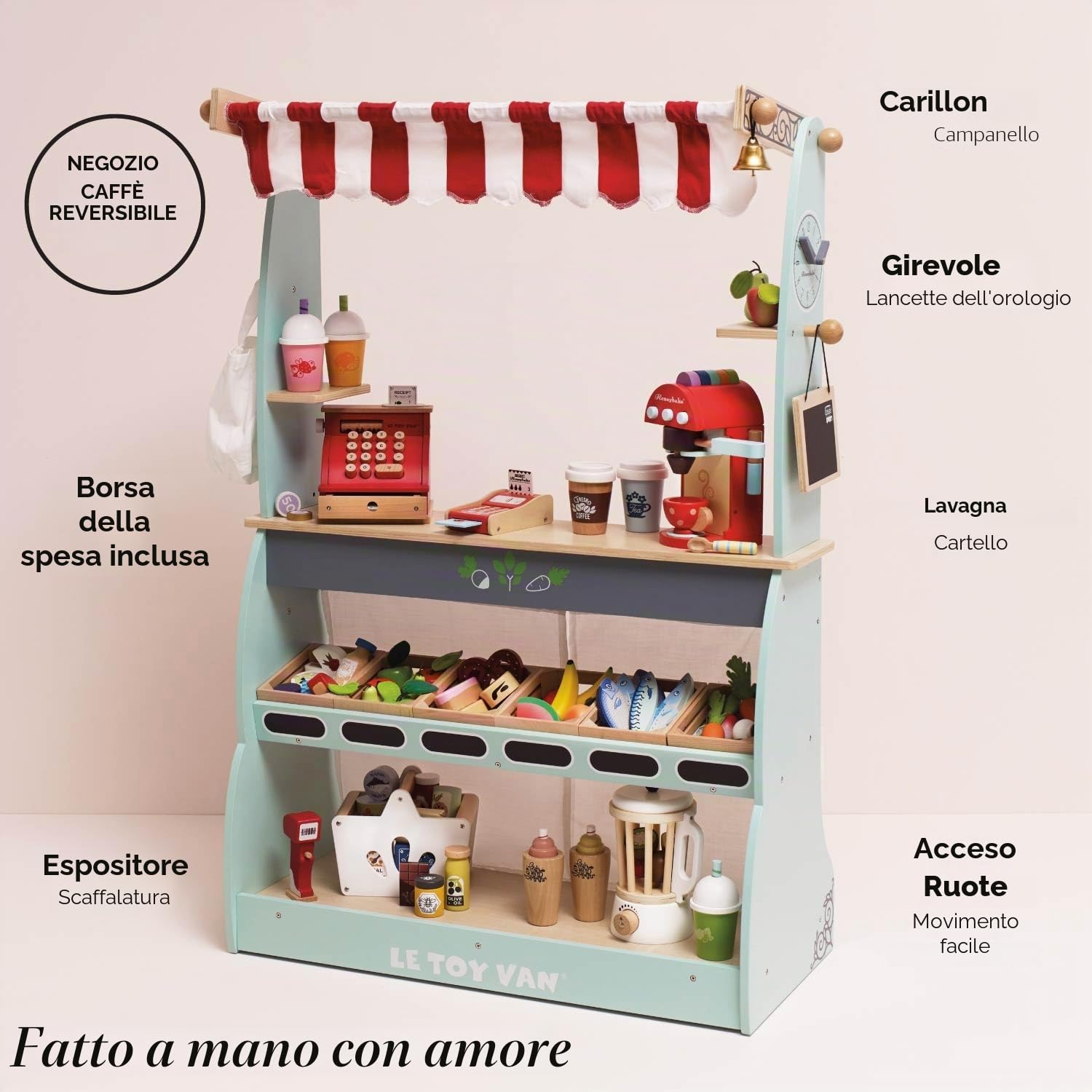 Le Toy Van - TV317 - Gioco educativo per Bambini dai 3 Anni supermercato Grande caffetteria Giocattolo Reversibile con Ruote 2 in 1, Include 1 Lavagna, 1 Campanello e 1 Borsa della Spesa, in Legno