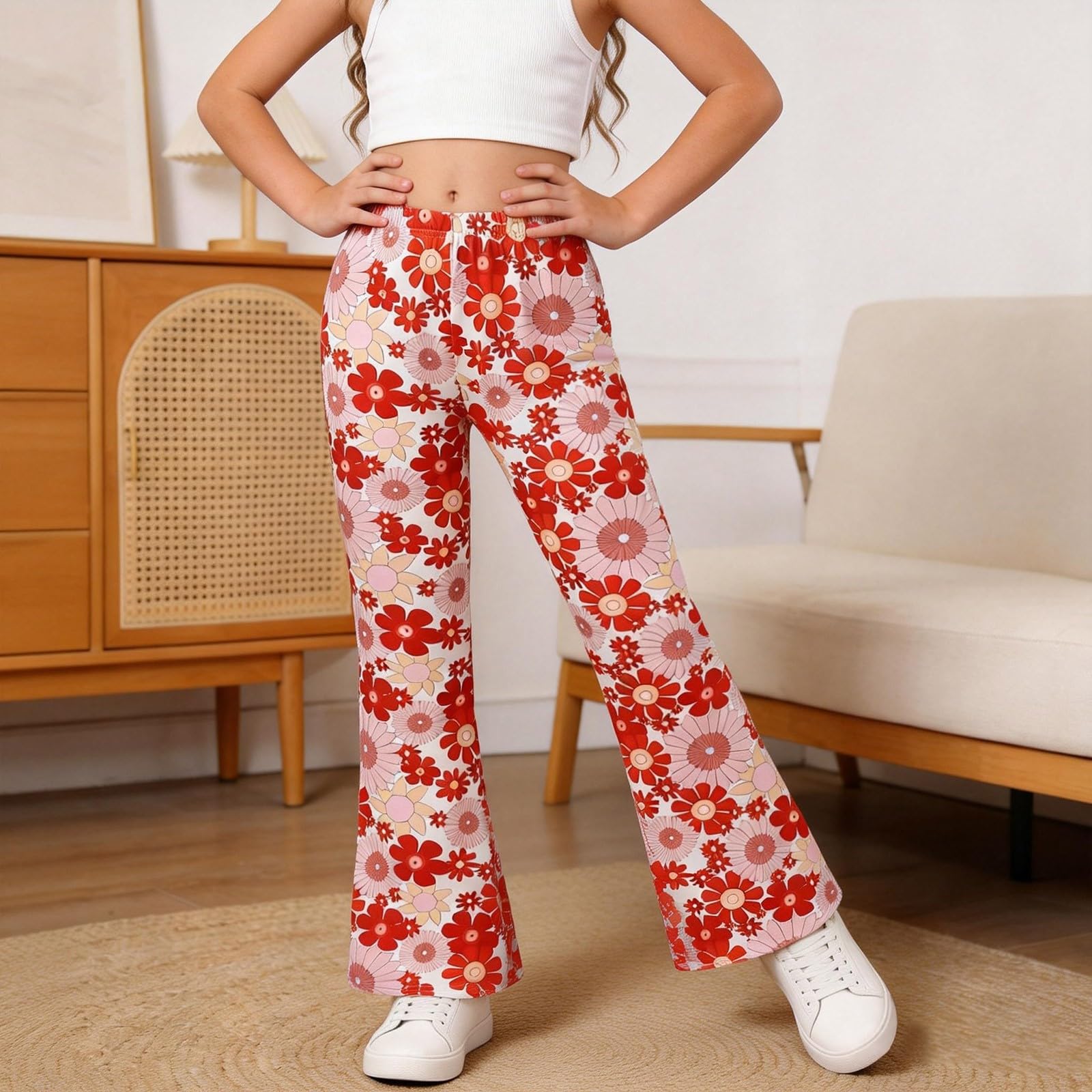 Pantalón acampanado para niño y niña, estampado de flores hippie pantalones 70 Slim Stretch de cintura alta acampanado Bootcut Chic y elegante para trabajo y sastre
