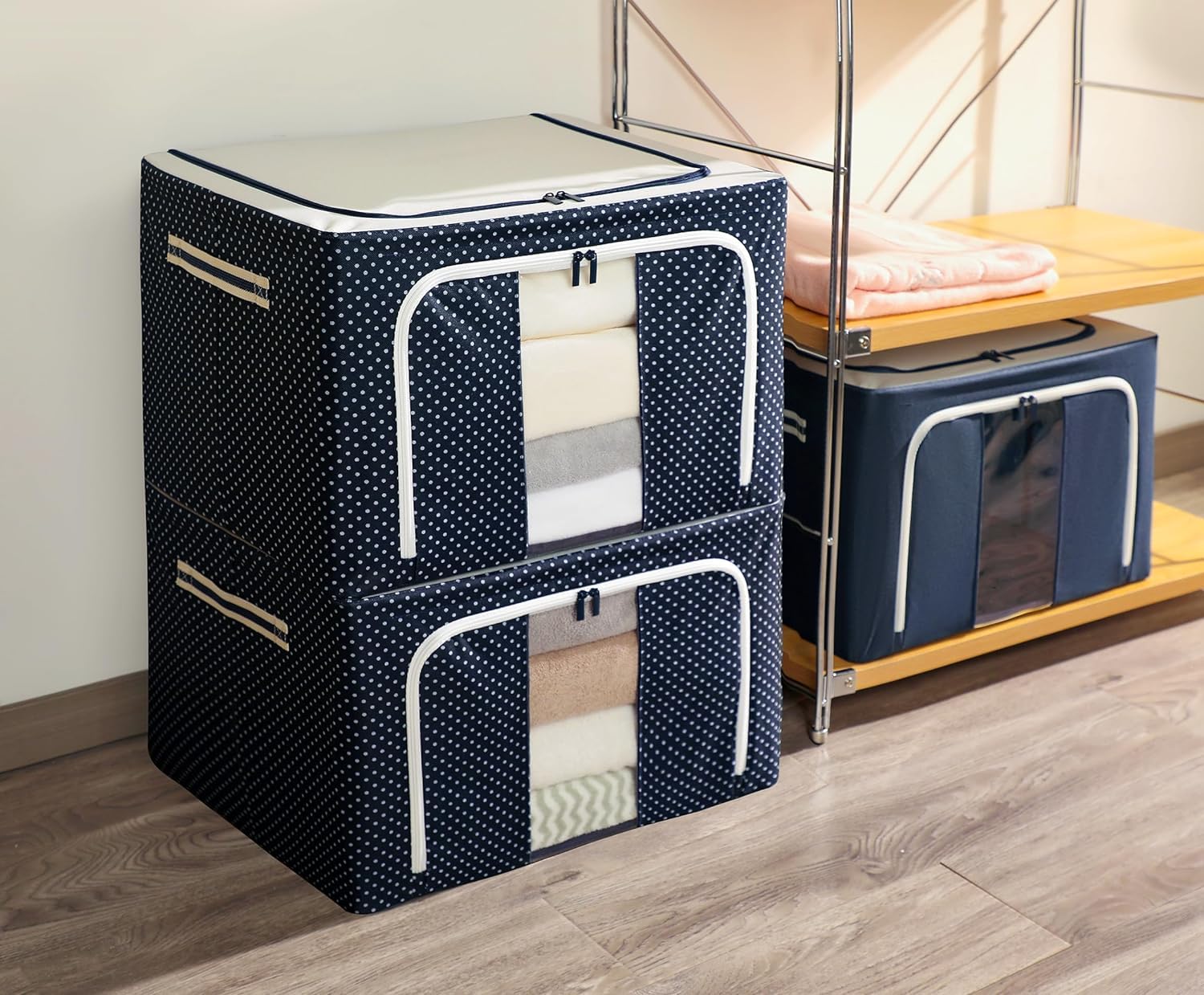 PARSPAR66 Litre Foldable Clothes Fabric Storage Bag with Zip, Steel Frame & Wardrobe, Organizer Boxes with Transparent Window, Shelves, Bed Sheets, Sarees, Blanket (Blue Dot, Pack of 1)