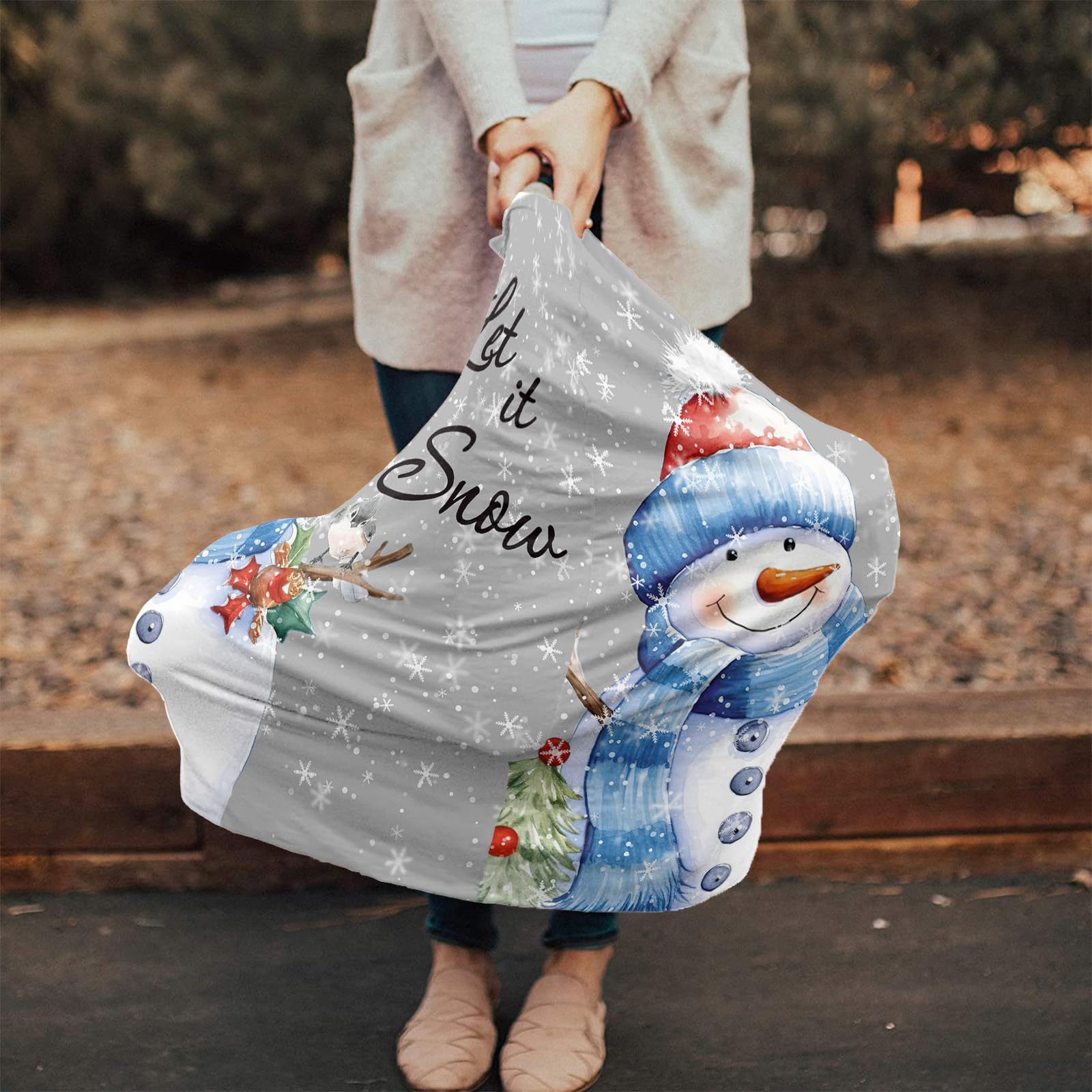 Nursing Cover for Breastfeeding Scarf, Merry Christmas Snowman Gray Snowflakes Baby Car Covers Super Soft Multi Use for Canopy Shopping Cart Cover Blanket Stroller Cover