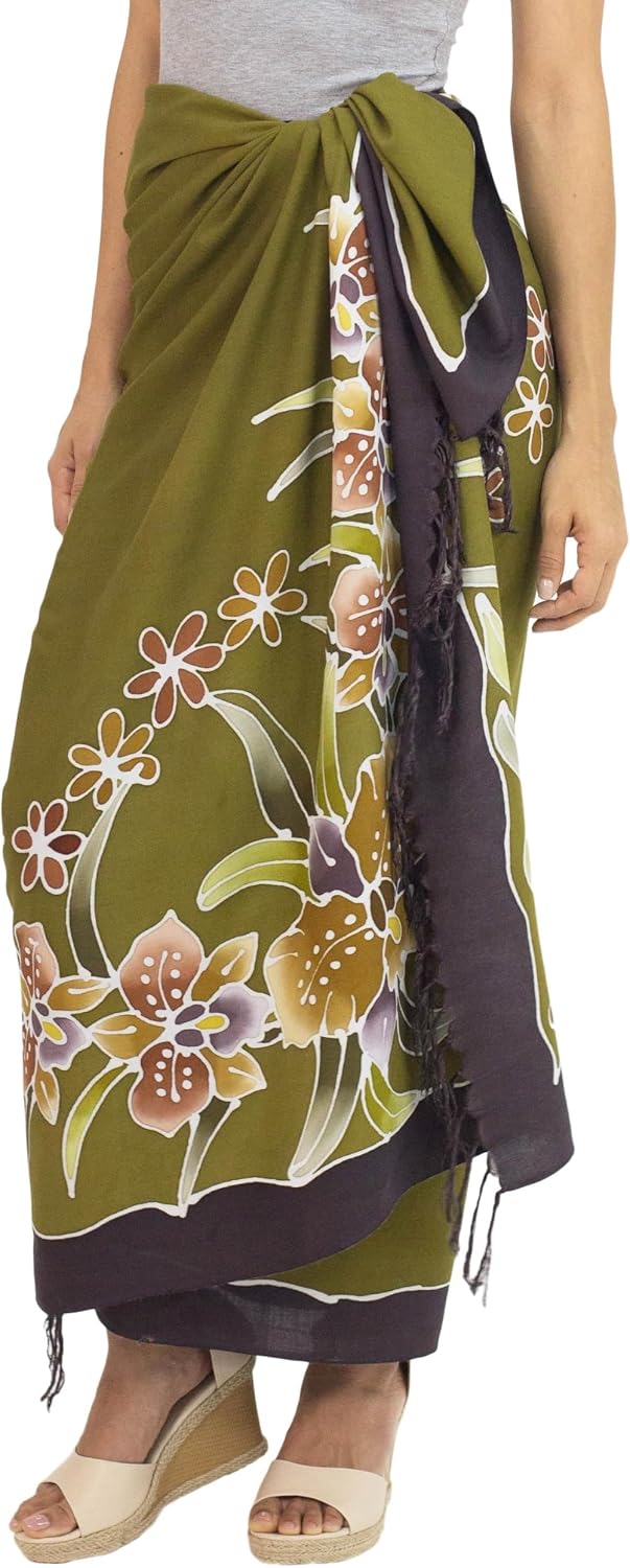 NOVICA Artisan Handmade Rayon Batik Sarong Olive Green with Floral Motif Clothing Patterned Thailand ' Autumn Cattleya'