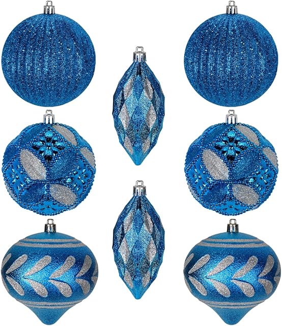 8 pcs Christmas Baubles Xmas Ball Ornaments with Strings, 100mm/3.9" Blue Shatterproof Plastic Hanging Decorations, Christmas Tree Pendants for Home Party Wedding Holiday