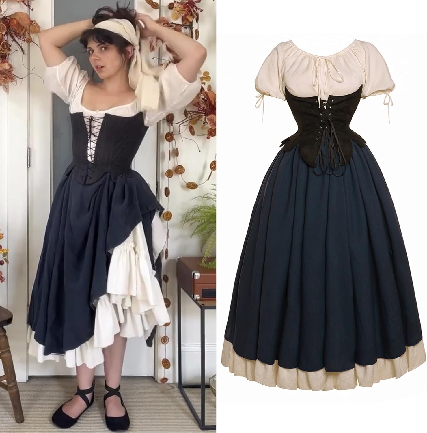 Medieval Renaissance Costume Women Cottagecore Corset Dress Set - Image 2