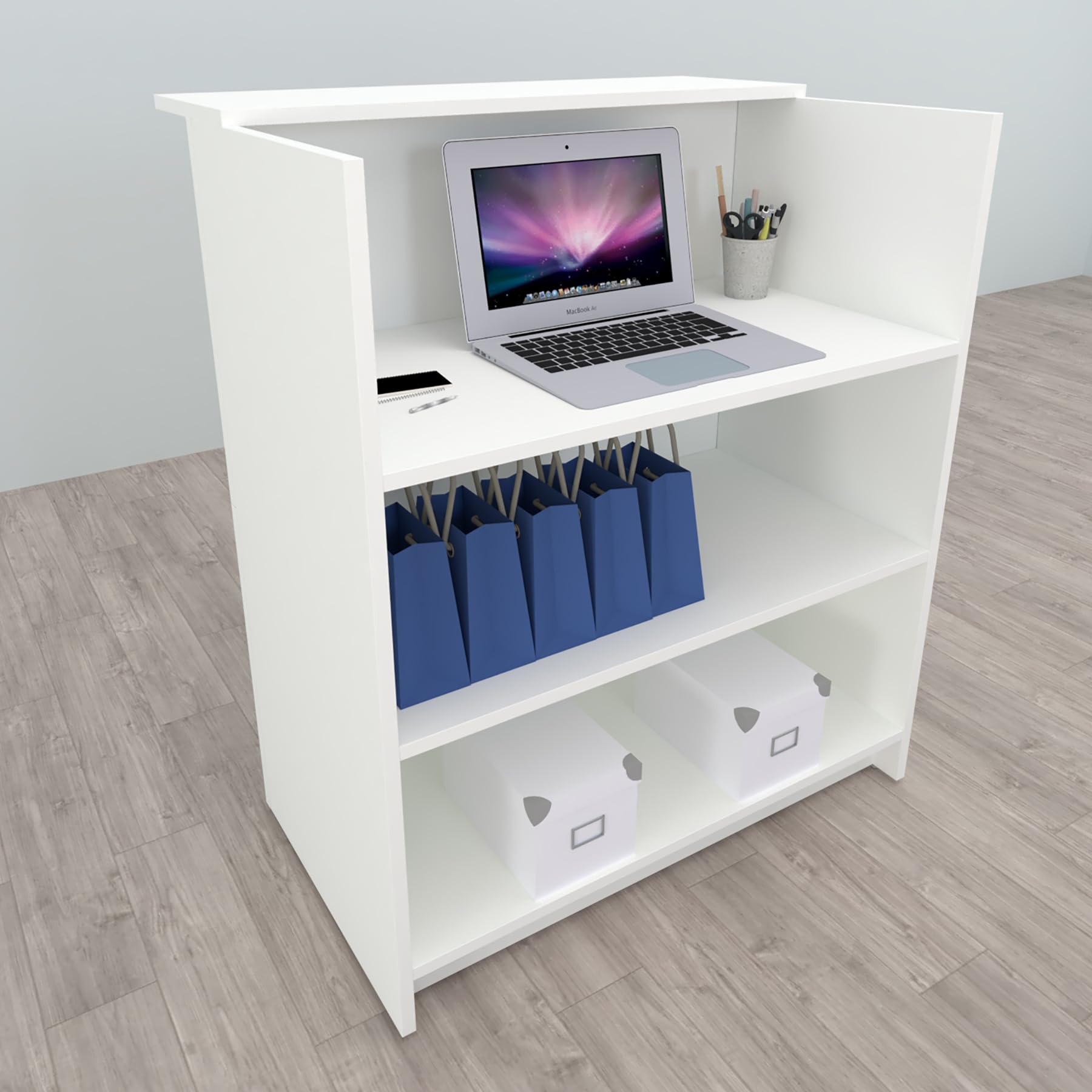 Henor Comptoir TIRÓN. 100 x 50/65 x 107 cm. Bois avec Table intérieure. Idéal pour l’Accueil de Bureau. l’Attention. la Boutique. Le Commerce. Blanc Mat