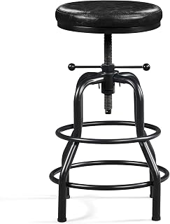 Yaheetech Taburete de Bar Industrial de Piel sintética Taburete Alto Redondo Ajustable en Altura con Dos reposapiés, Silla de Cocina con Marco de Metal para Cocina, Restaurante Bistrot Negro
