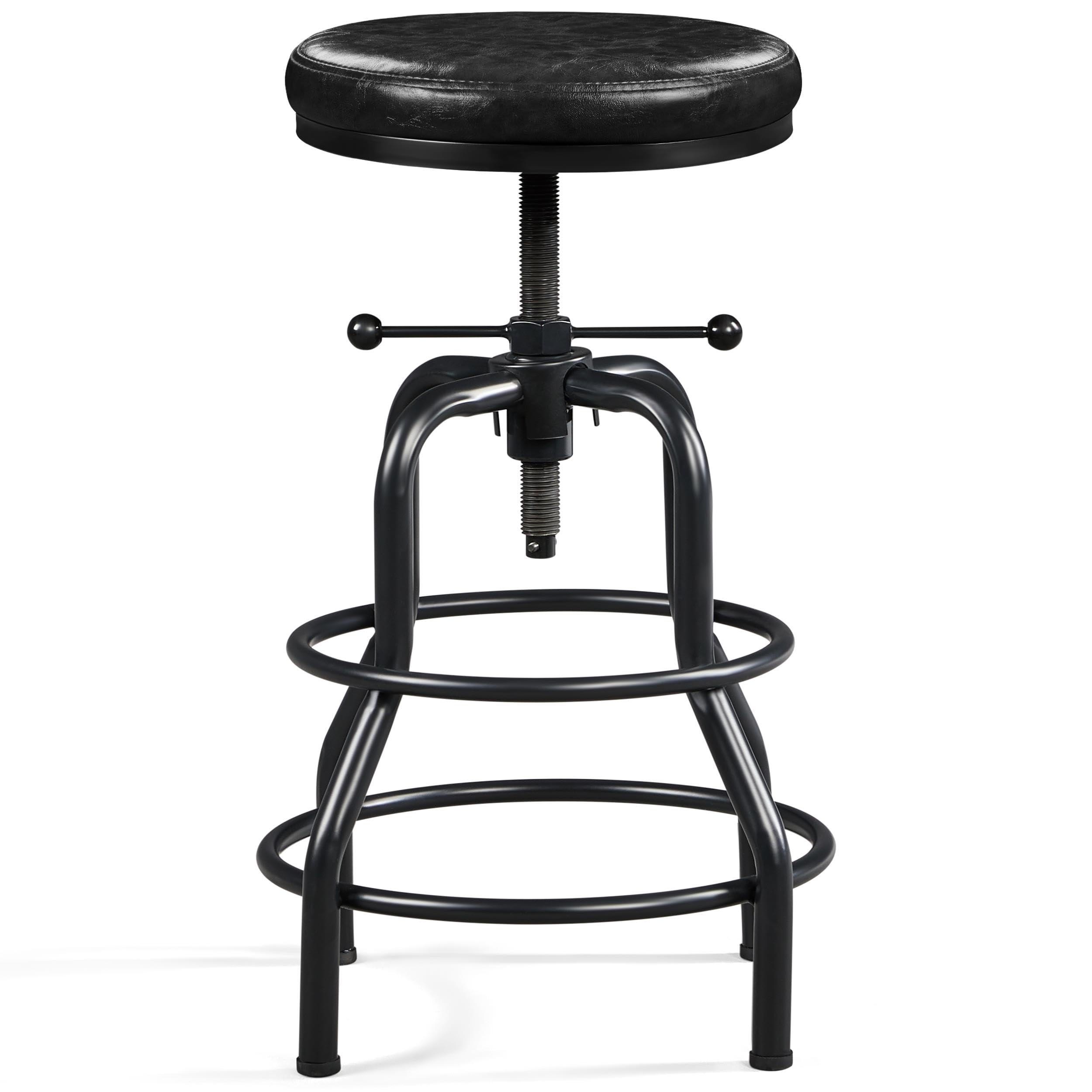 Yaheetech Taburete de Bar Industrial de Piel sintética Taburete Alto Redondo Ajustable en Altura con Dos reposapiés, Silla de Cocina con Marco de Metal para Cocina, Restaurante Bistrot Negro