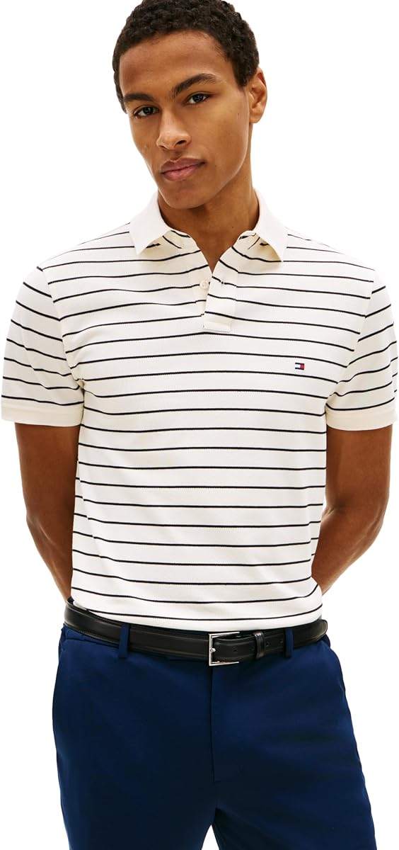 Tommy Hilfiger Polo de manga corta para hombre de corte regular con piqué de algodón elástico y orgánico