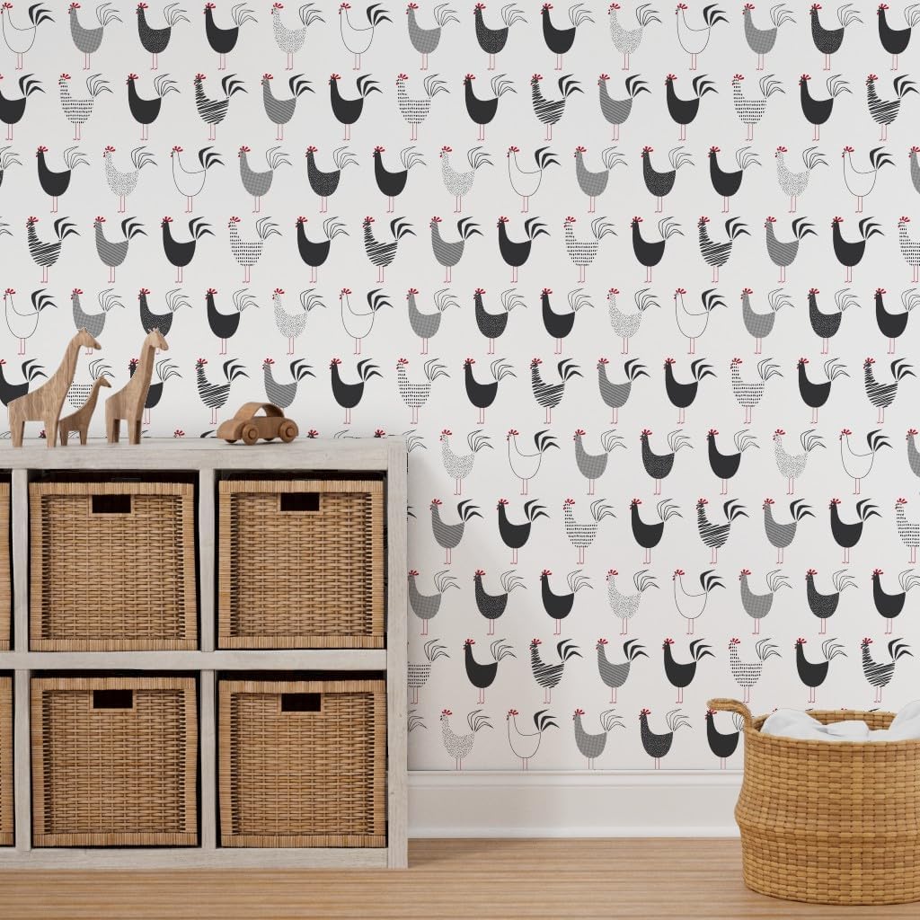 Spoonflower Peel & Stick Wallpaper 3ft x 2ft - Black White Feather Kitchen Rooster Farm Tea Chicken Farmhouse Modern Barnyard Custom Removable Wallpaper