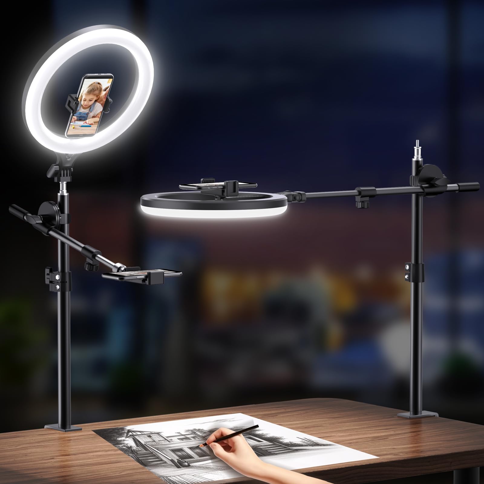 Overhead Ring Light With Phone Mount - 12" LED Desk Light For Video Recording