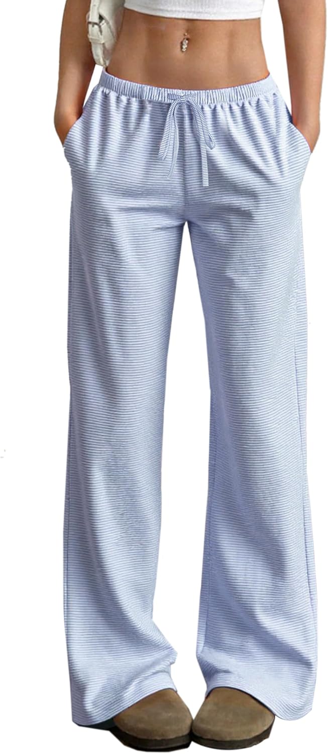 Women's Pajama Pants Wide Leg Striped Cotton women Drawstring Lounge Pj Pants with Pockets