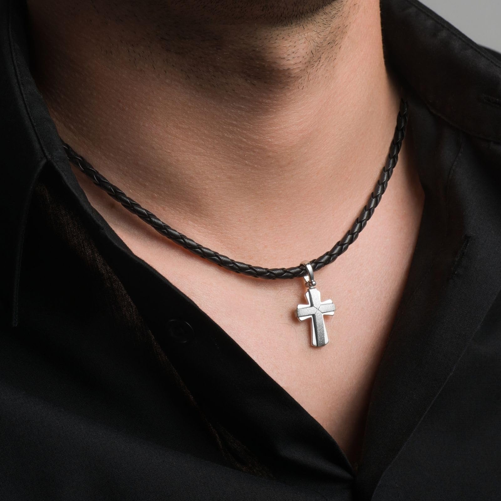 Herren Halskette Silber 925 Kreuzanhänger Mit Echtem Leder Geflochten