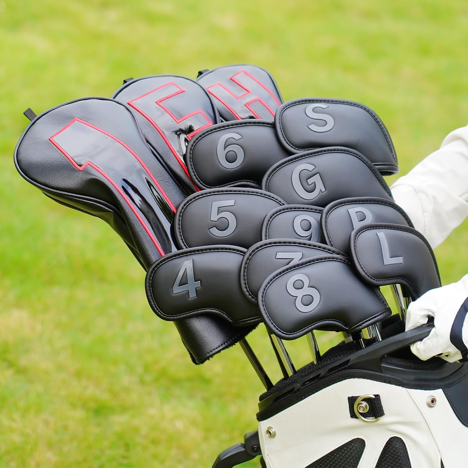 Craftsman Golf Black Leather Iron Headcover Covers Set 10pcs 4 5 6 7 8 9 P S L G with Embossed Gray No. on Both Sides Gift for Men and Women