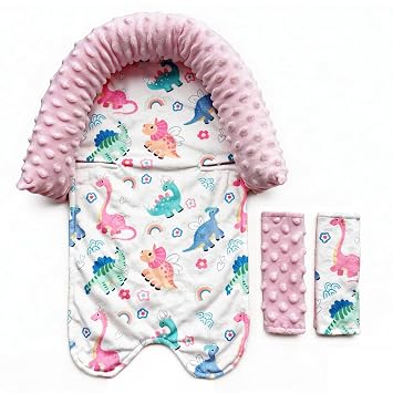 Baby Head Support and Strap Covers for Car Seat, Pink Dinosaur