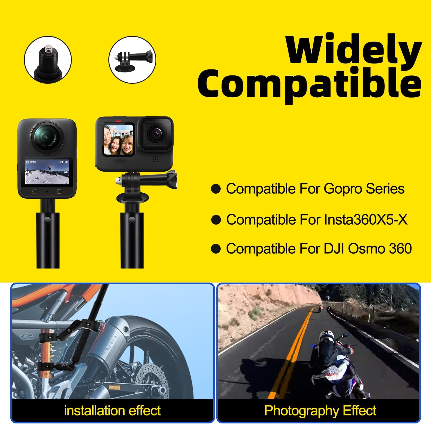 Motorcycle Mount Kit with 47" Invisible Stick Bike Handlebar Mount Compatible for Insta360 X5-X, Osmo 360, with Dual Ball Heads, Super Clamps, Action Camera Adapter UTV Dirtbike, Motocross, Enduro
