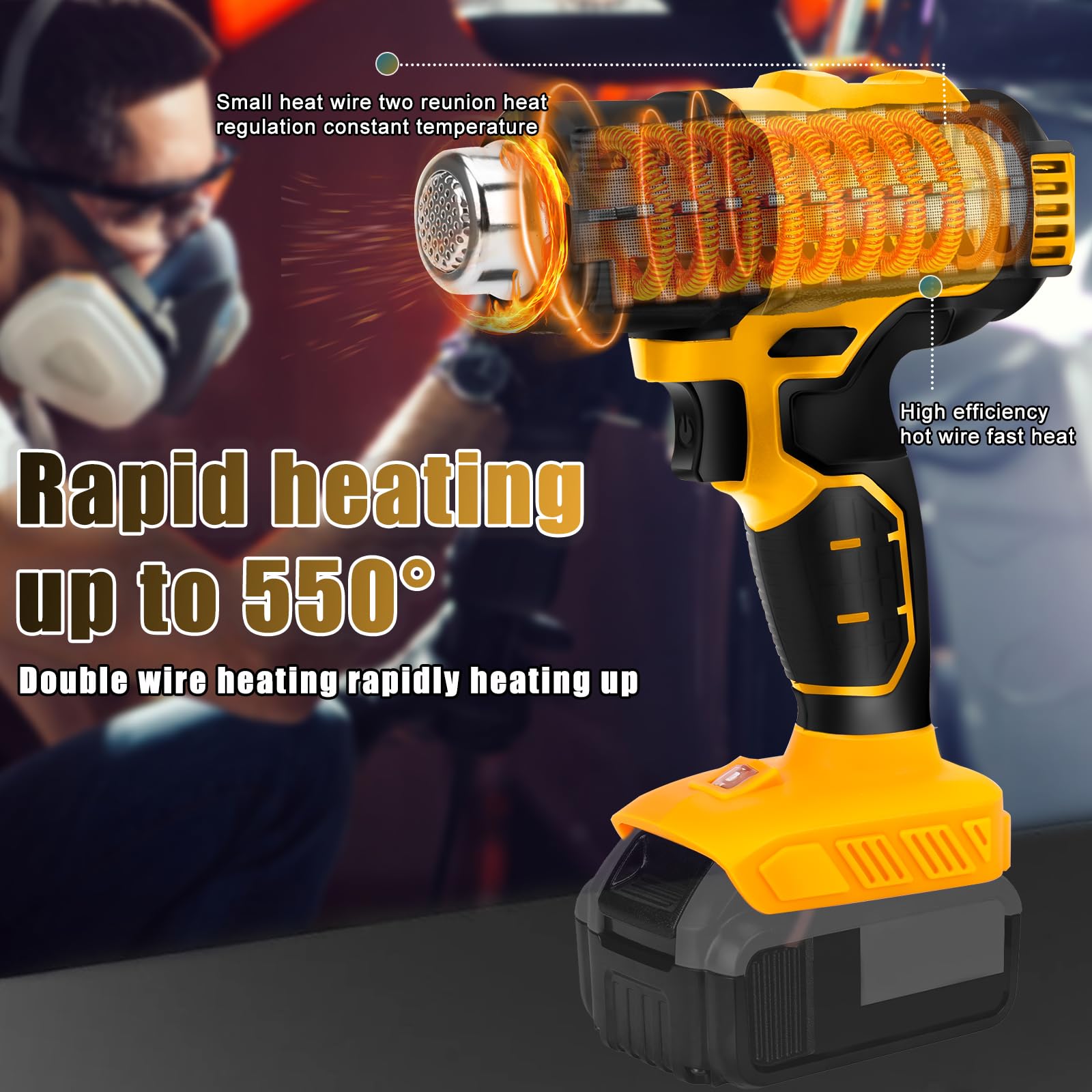 ConBlom Bezprzewodowa opalarka, pistolet na gorące powietrze, kompatybilny z akumulatorem DeWalt 20 V, 4 dysze, 2 ustawienia temperatury 300°C/550°C opalarka do rur termokurczliwych, rzemiosła, żywicy