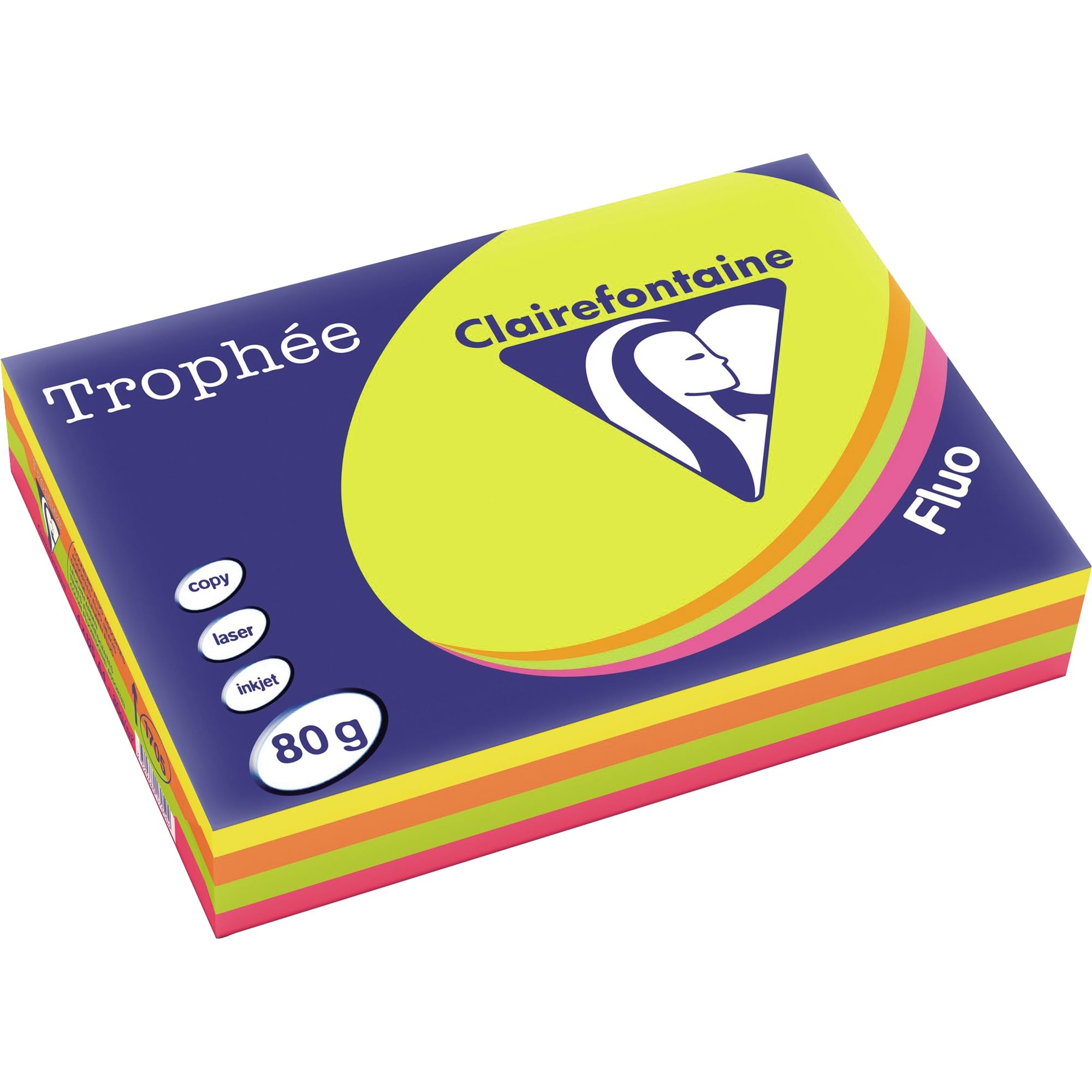 Clairefontaine 1705SC - Ries mit 500 Blatt Druckerpapier / Kopierpapier Trophée, DIN A4 (21x29,7 cm), 80g, sortierte Neonfarben, 1 Ries