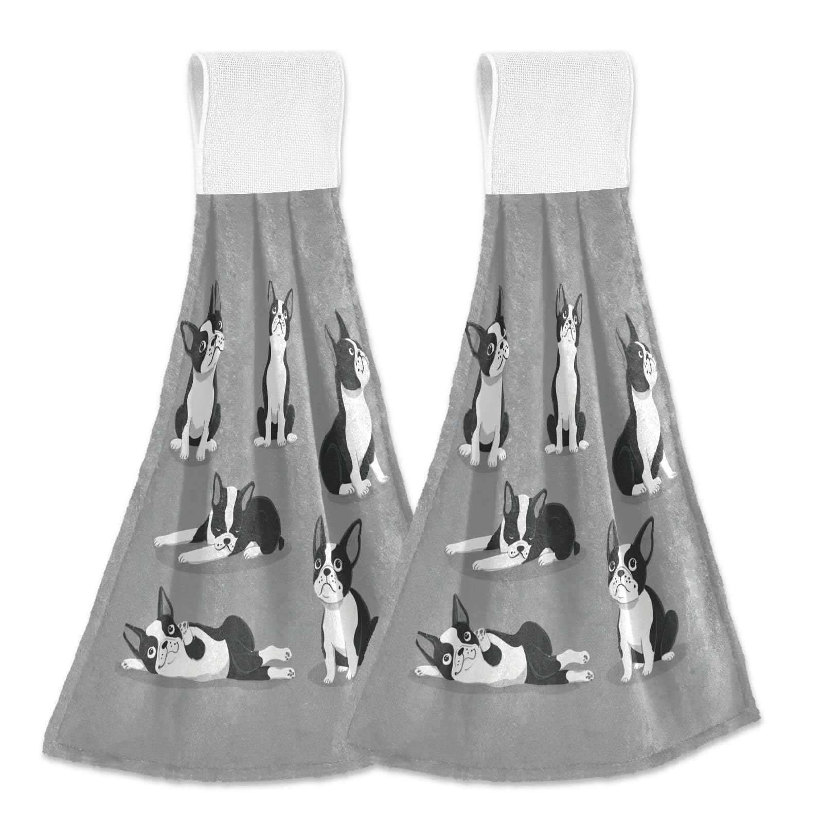 Aslsiy Boston Terrier Dog Hanging Kitchen Towels Cute Puppy Hand Tie Towel Fast Drying Dish Tea Towels for Bath Tabletop Gym Home Decor Set of 2