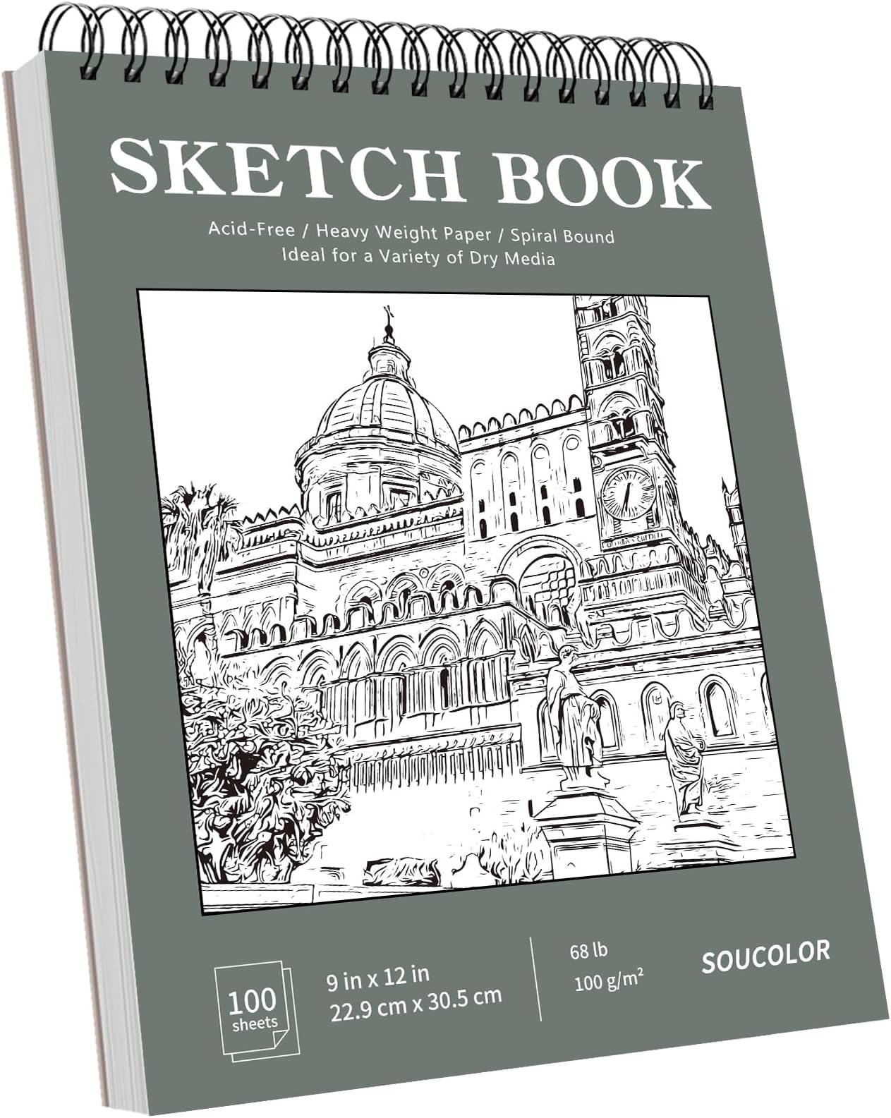 Soucolor 9" x 12" Sketch Book, 1-Pack 100 Sheets Spiral Bound Art Sketchbook, Acid Free (68lb/100gsm) Artist Drawing Book Paper Painting Sketching Pad, College Essentials