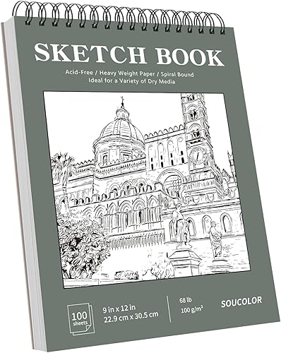 Miniatura 46 de Soucolor - Cuaderno de bocetos de 9 x 12 pulgadas, paquete de 1 de 100 hojas, encuadernado en espiral, libre de ácido (68 libras/100 g/m²), bloc