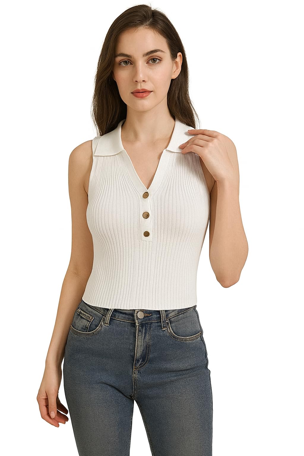 icw Women's Knitted Ribbed Golden Button Sleeveless Polo Collar Crop Vest Sling Cami Tank Top Dn23-picture-15