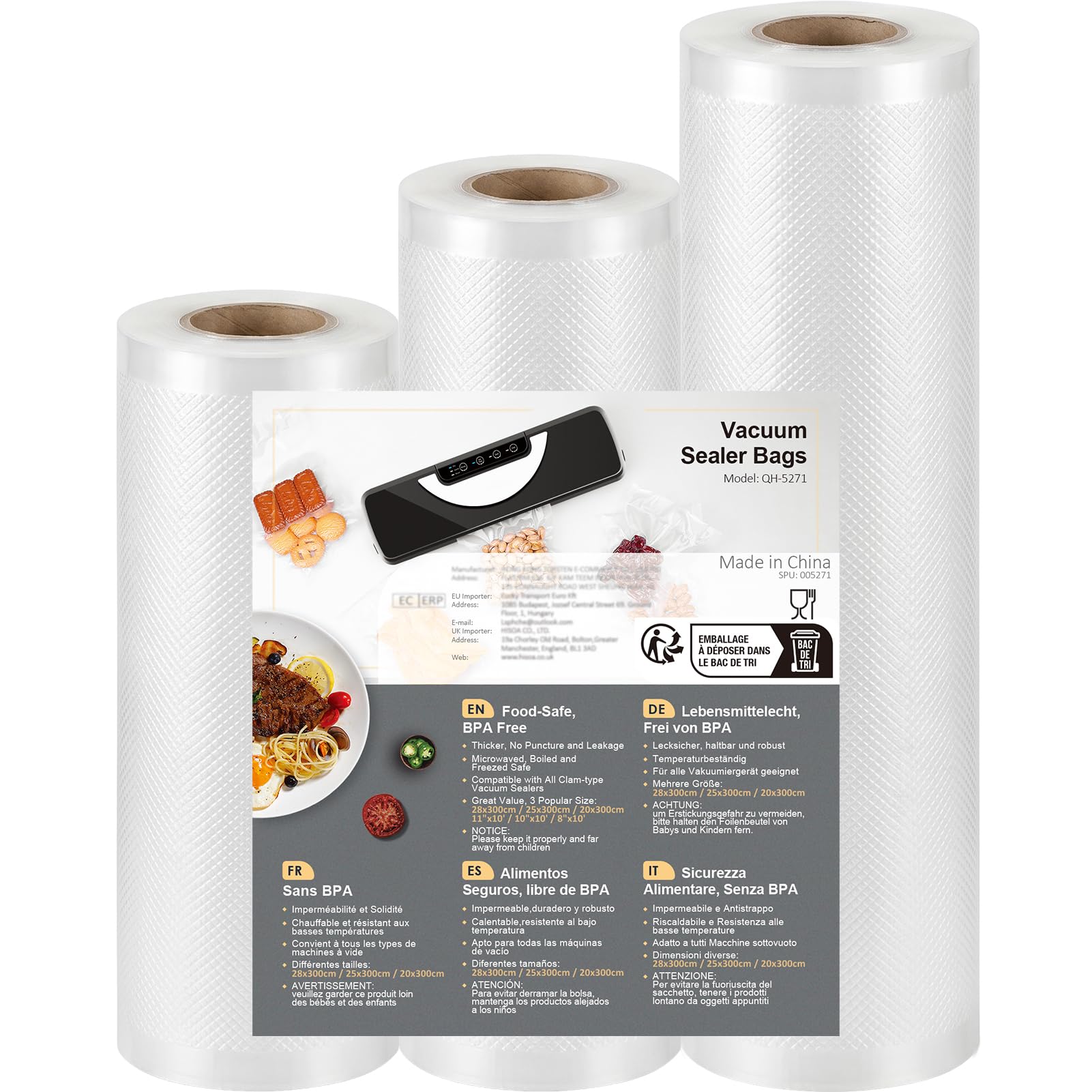 Sacchetti Sottovuoto Alimenti 3 Rotoli 20/25/28x300cm, Sacchetti Sottovuoto per Macchina Sottovuoto e Sous Vide Cucina, Buste Sottovuoto Alimenti Senza BPA