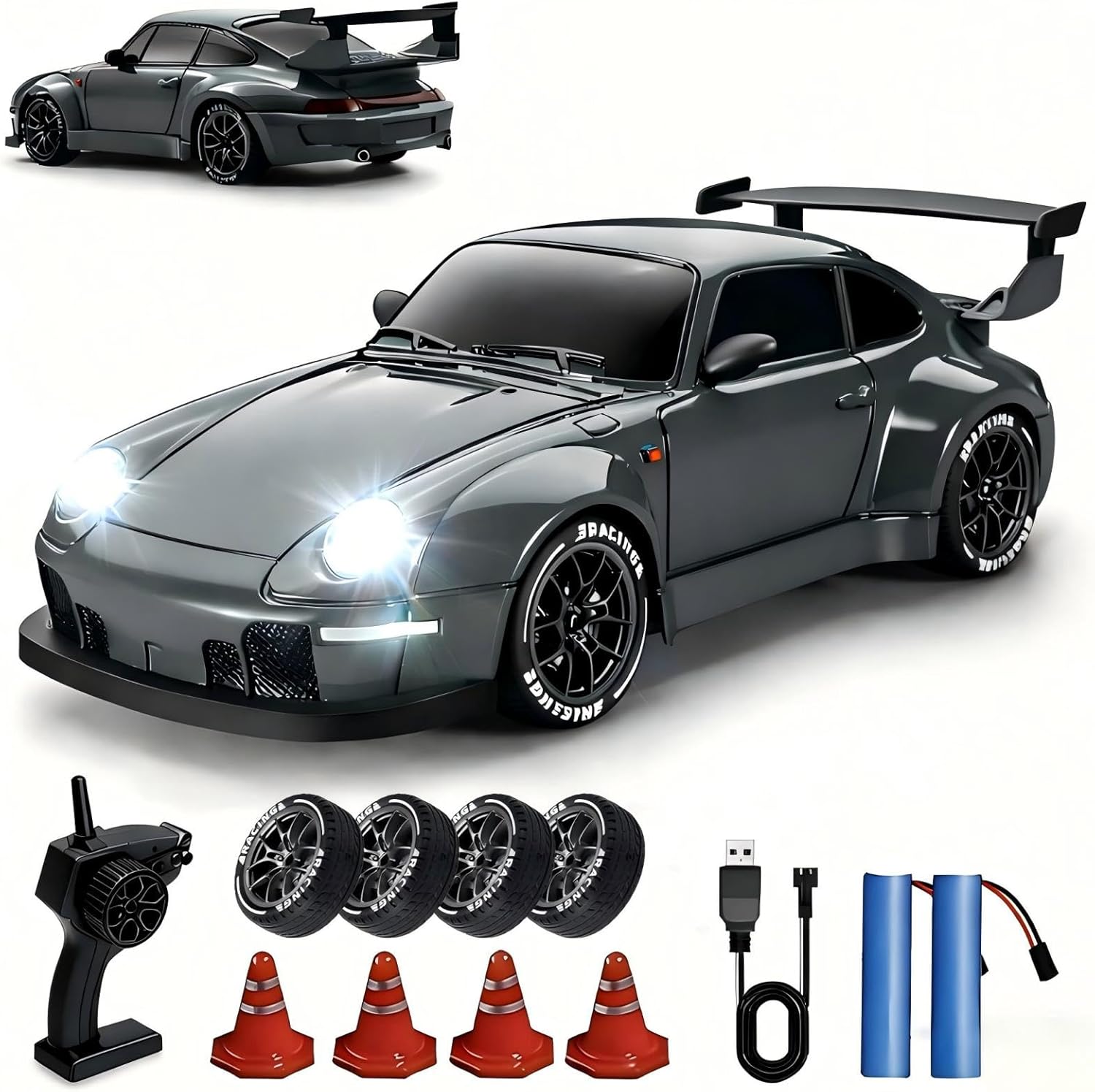 1:24 Scale RC Drift Car with LED Lights, 25km/h 4WD High Speed, Dual Batteries 50+ Min Play, 2.4GHz Remote Control, Multi-Surface Drift Tires, Racing Toy Vehicle for Adults Boys Girls, Storm Drive