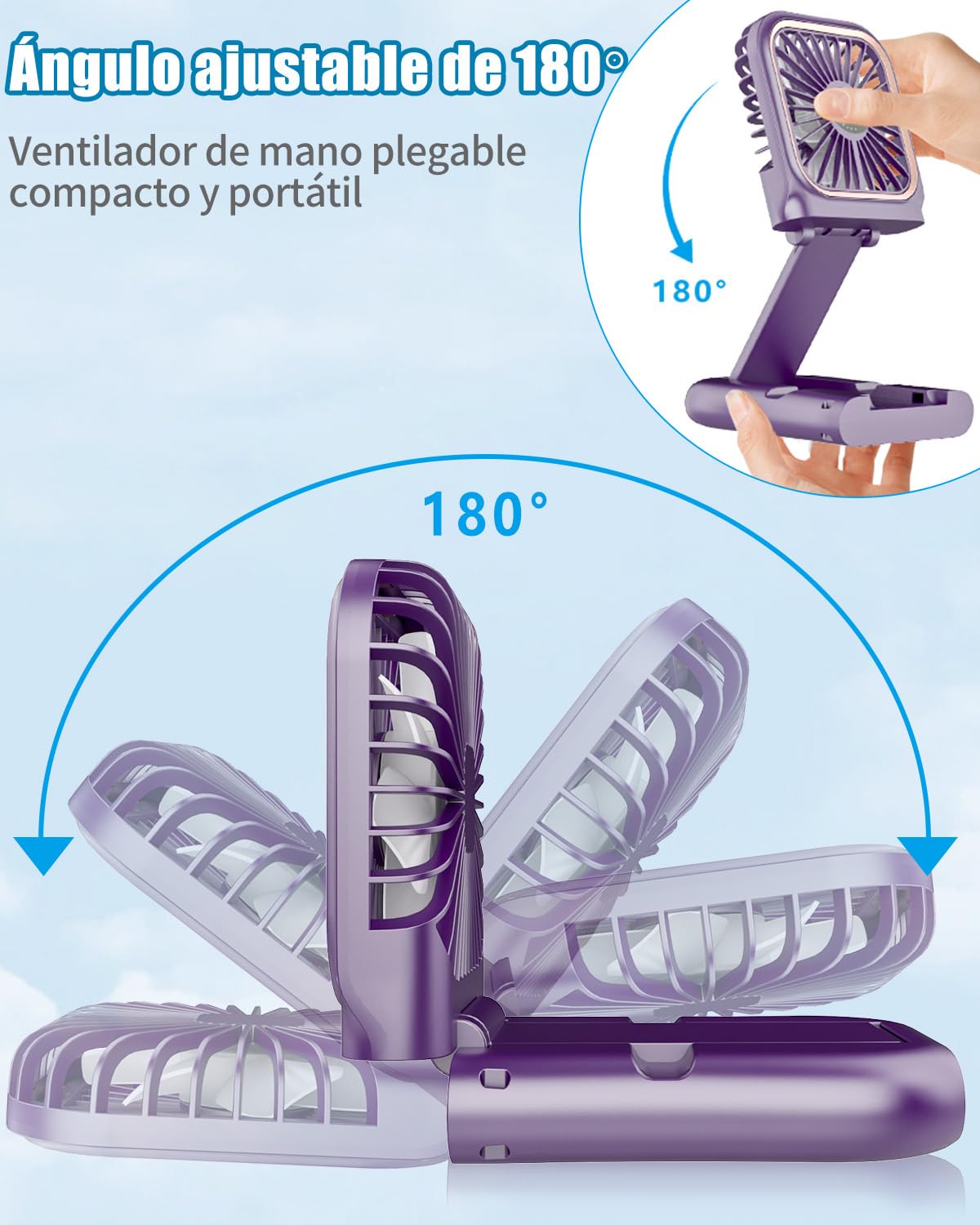 DDKJ Ventilador de Mano Recargable,Plegable 180° Ajustable,3 Velocidades,7 Horas,Pantalla Digital,Mini Ventilador Portatil para Viajes/Oficina/Actividades al Aire Libre-Morado
