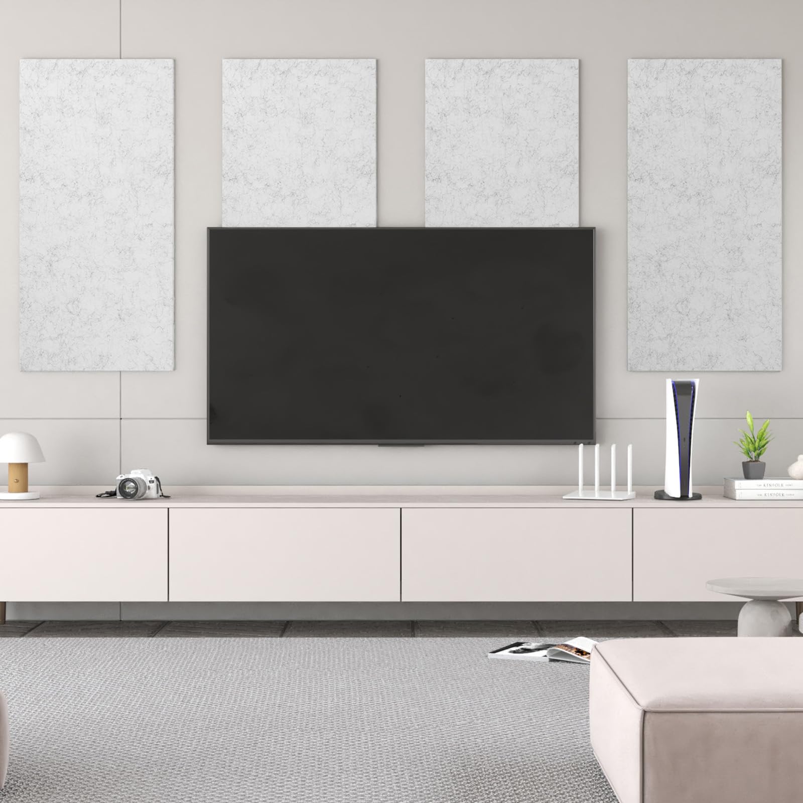 TONOR Paneles Decorativos para Pared, 4 Paneles 112x55 cm, Panel Acusticos Autoadhesivos para la Decorativo de Paredes Interiores, Estudio, Sala de Estar, Oficina, Gris Claro