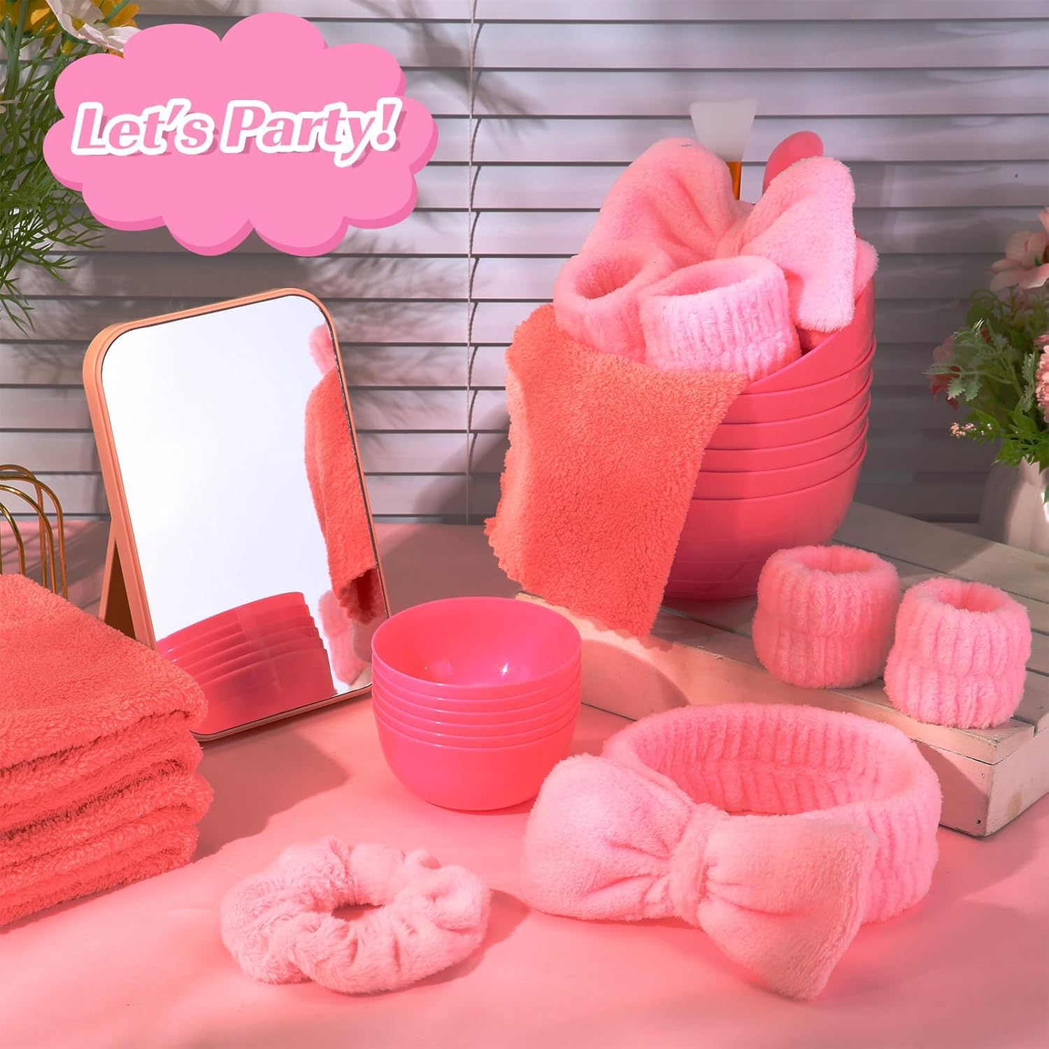Honeydak 12 Set Spa Party Favors for Girls Slumber Party Pink Supplies with Face Mask Mixing Bowl, Silicone Brush, Headband, Mirror Towel, DIY Facial Kit for Wedding Bridal Shower(Pink)