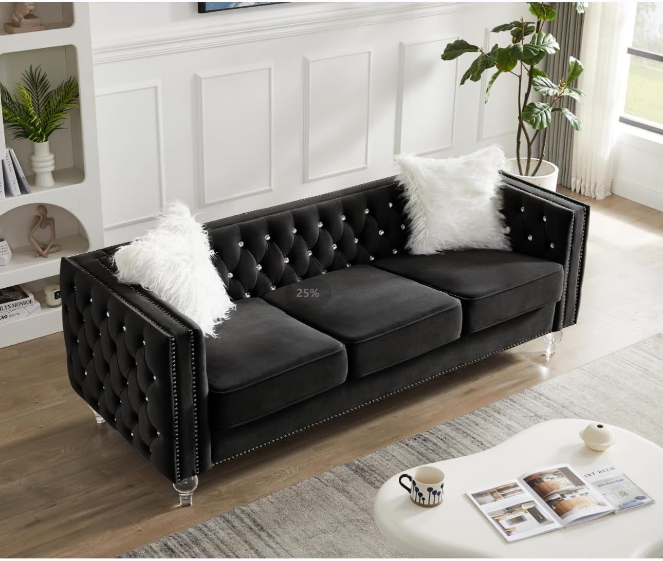 83.07" 3-Seater & 59.84" Loveseat Sofa Set Plush Velvet Couches for Living Room, Luxurious Diamond Tufting & Acrylic Crystal Buttons & Feet, Chesterfield Eucalyptus Wood Frame, 5 Seat 2 Piece Black