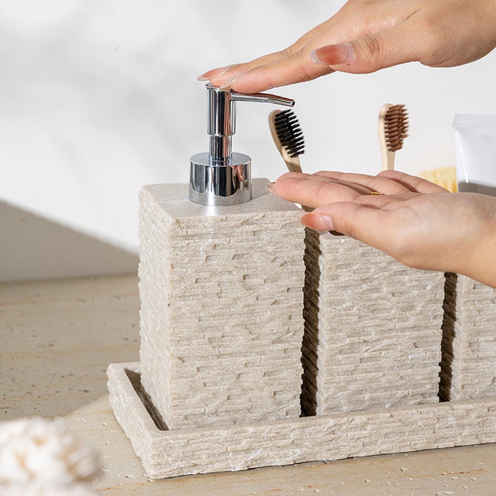Juego de organizador de baño de resina con acabado de piedra, botella de jabón y bandeja organizadora, soporte para cepillo de dientes para uso doméstico, accesorios de baño