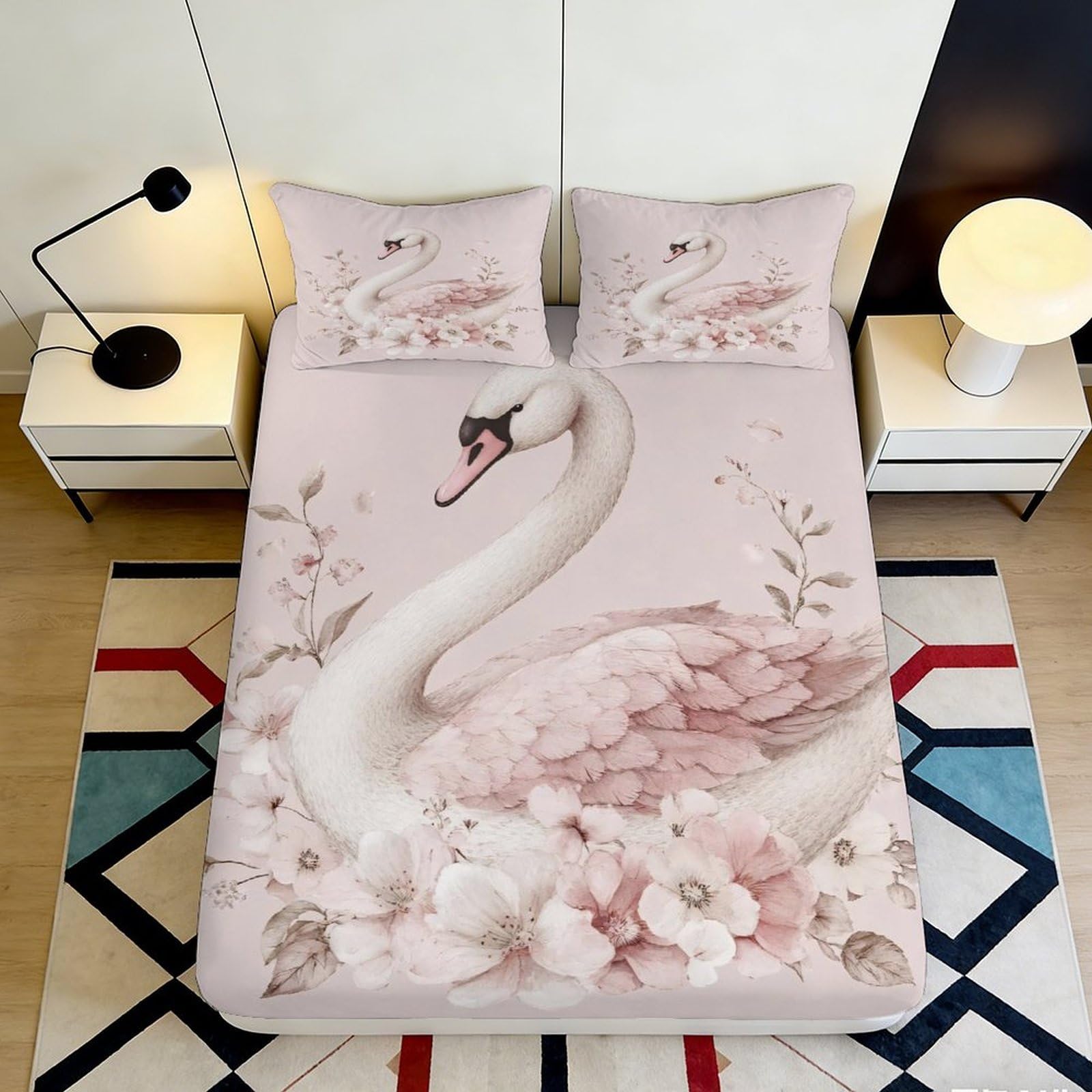 3D Printed Swan Floral Fitted Sheet Microfiber Deep Pocket Non-Slip Swan Mattress Fitted Cover Bedroom Bedding 90x200x25cm