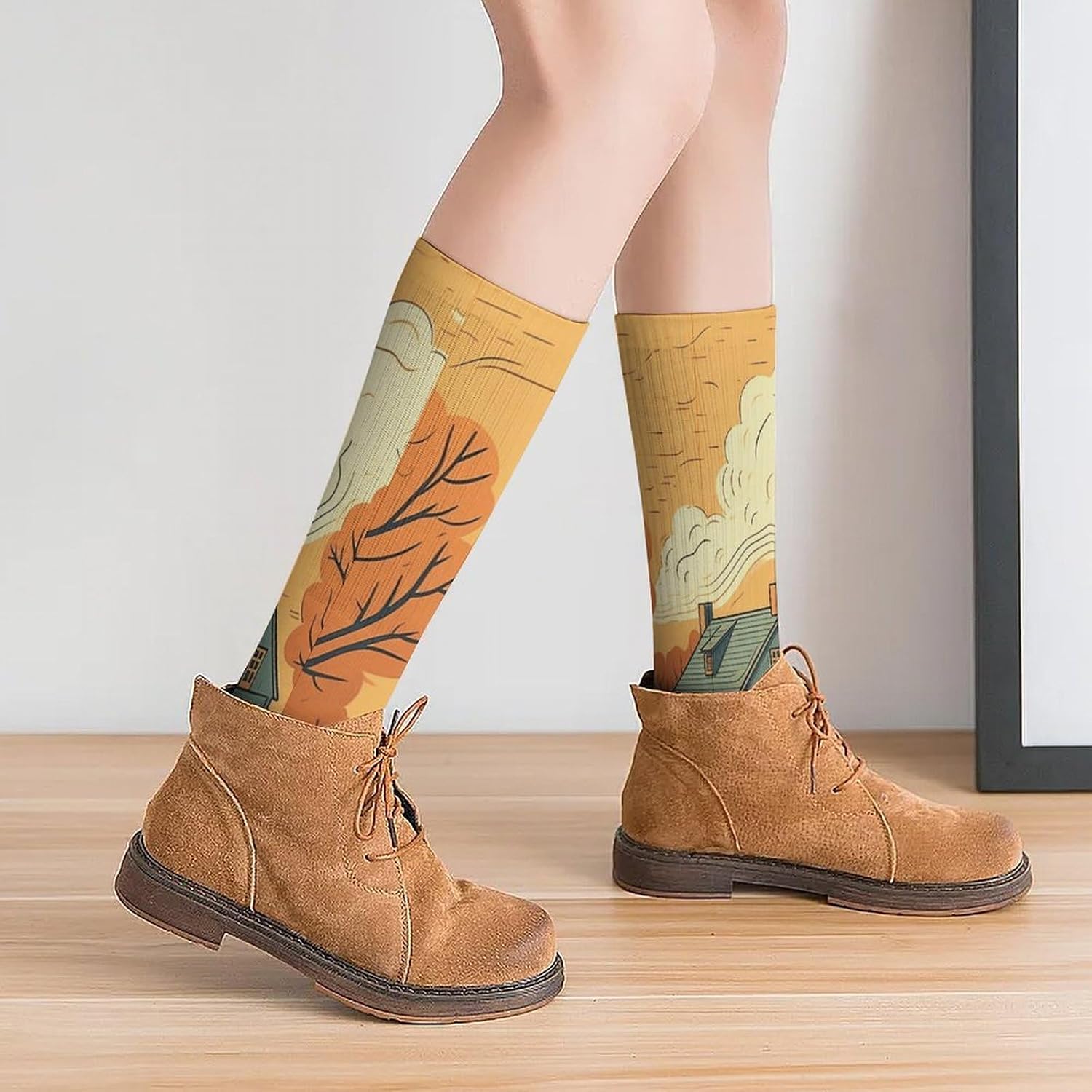 Breathable Crew Sock, Moisture Wicking, Athletic Calf Socks, Cozy | River in Front of House Compression Socks for Women Men, Lightweight High Work Socks for Business, Casual