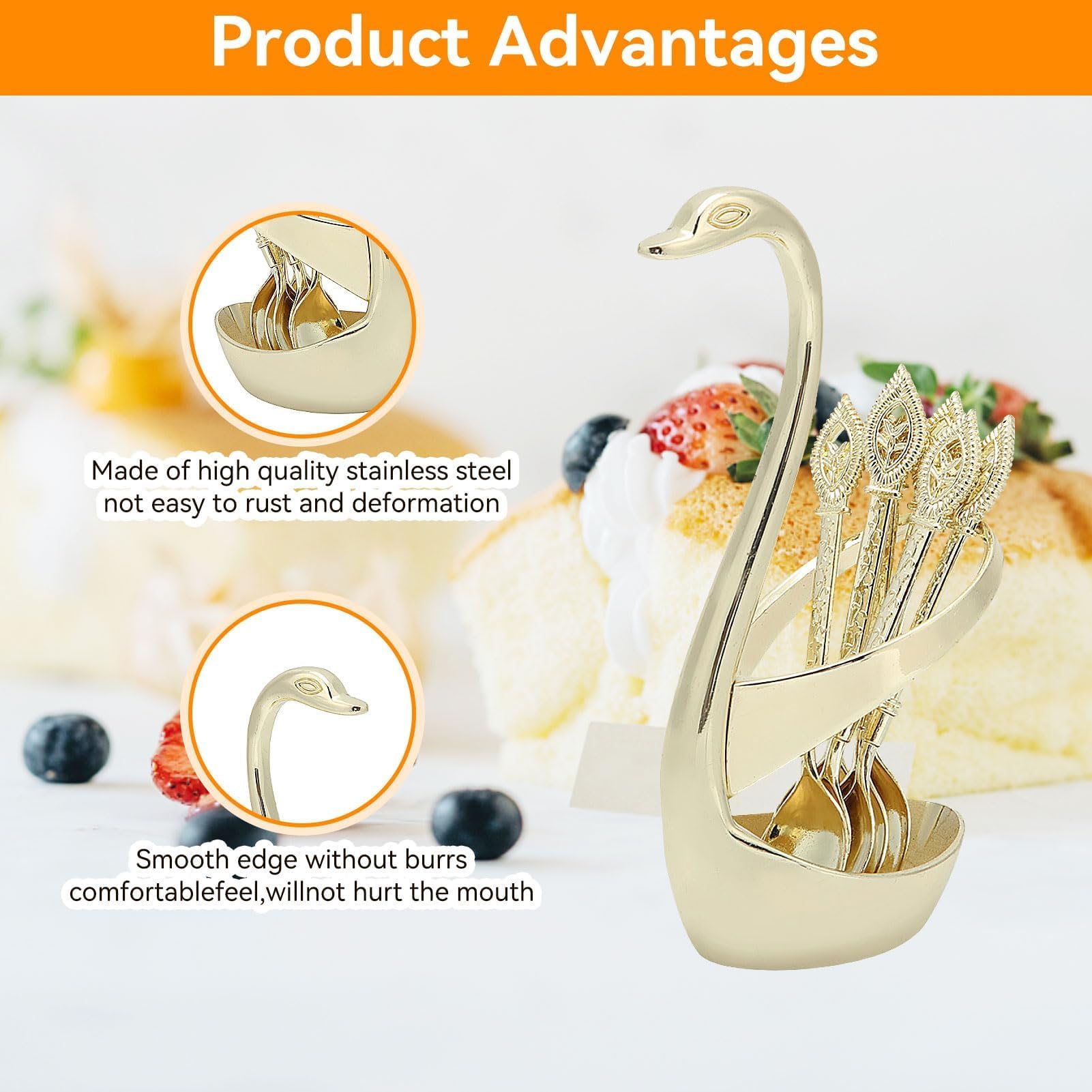 HERCHR 6 Pcs Coffee Spoon Set, Swan Base Holder, Dessert Spoon Organizer, European Espresso Spoons, Retro Dessert Fork, Dinnerware Set, Flatware Kit for Home, Bar, Restaurant